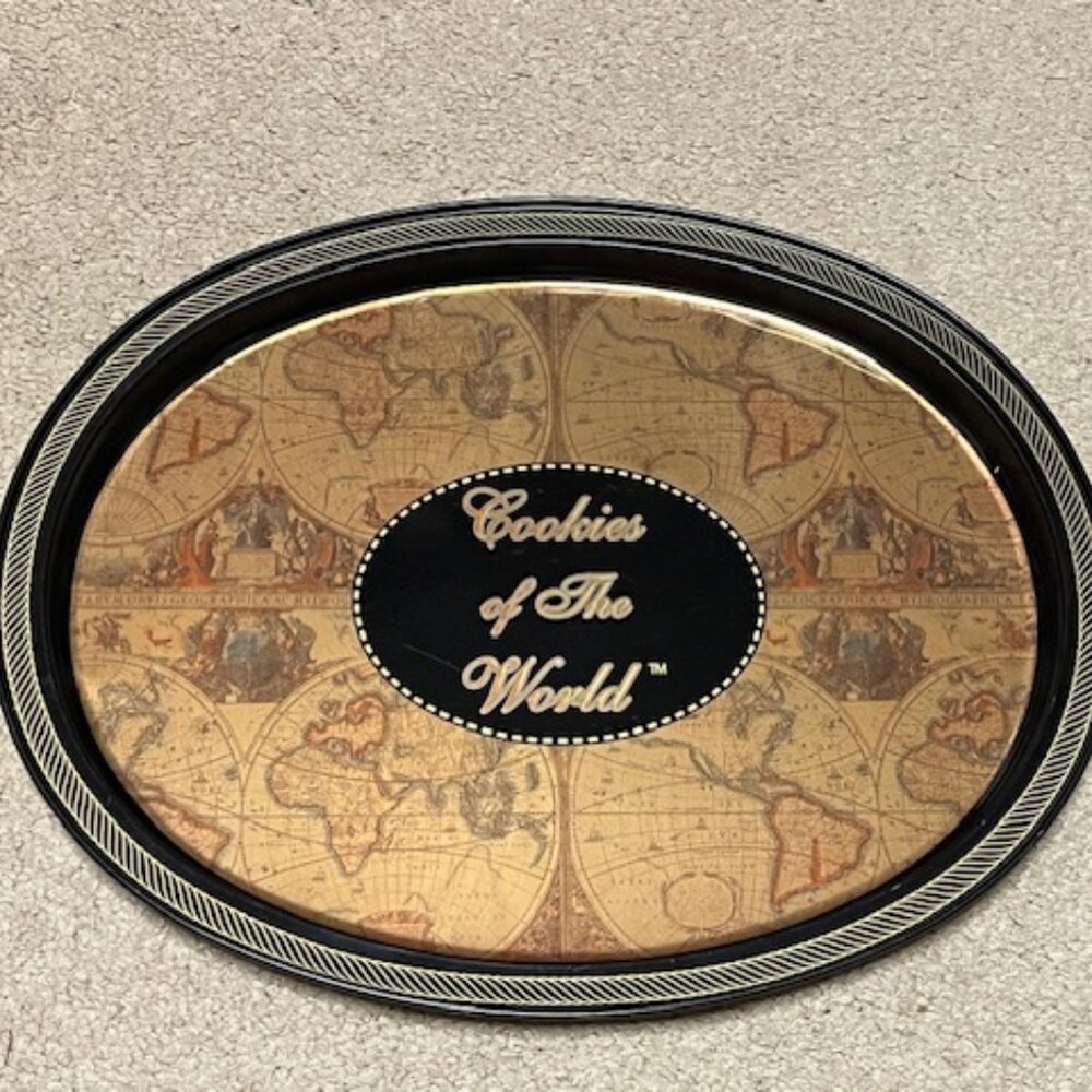 VTG Cookies of the World Maps Metal Oval Geographic Plate Tray Lid 14.2"x11.5"